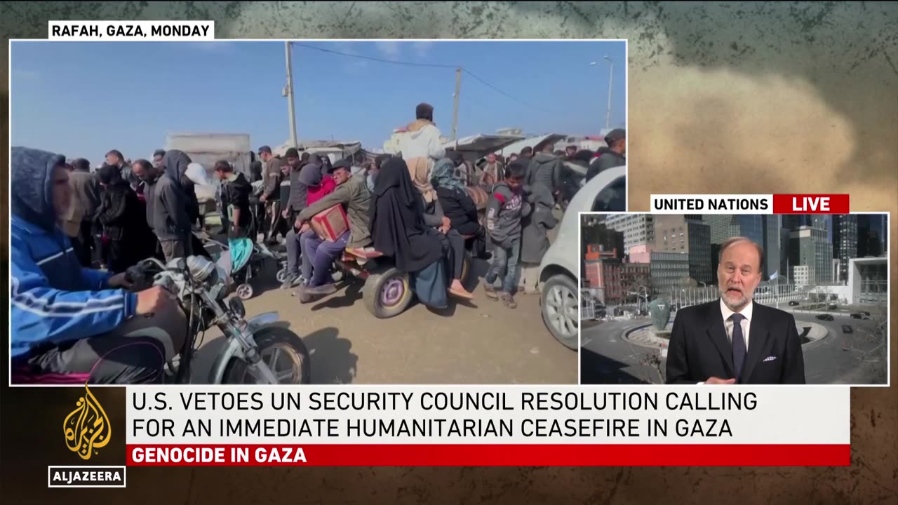 US vetoes UN security council resolution calling for an immediate humanitarian ceasefire in Gaza