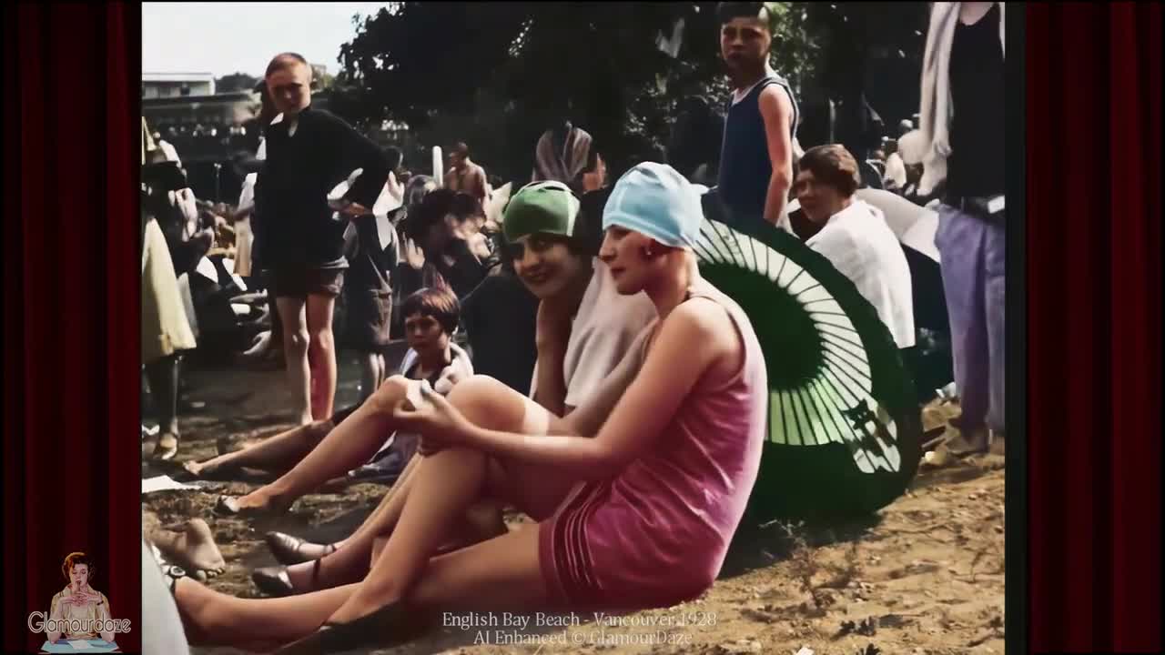 Flappers on the Beach 1928 in AI Restored Colorized Film 60fps