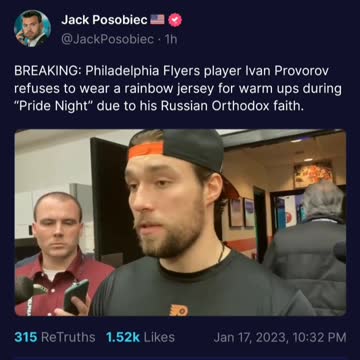 Philadelphia Flyer Ivan Provorov - Not wearing the PRIDE jersey due to his Russian Orthodox Faith