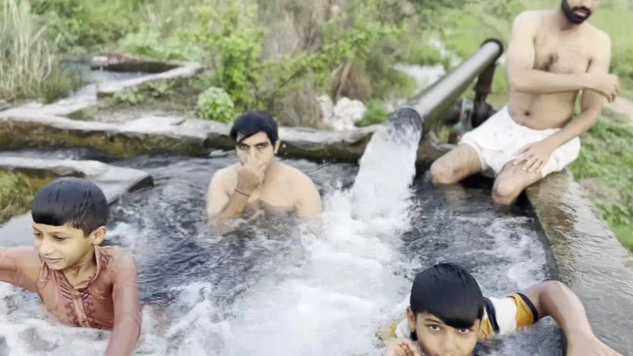 Bathing Out Side In tube well Is Amazing