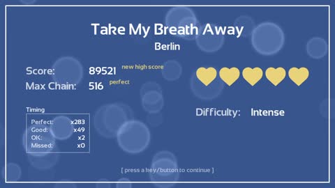 Melody's Escape to, "Take My Breath Away", by Berlin.