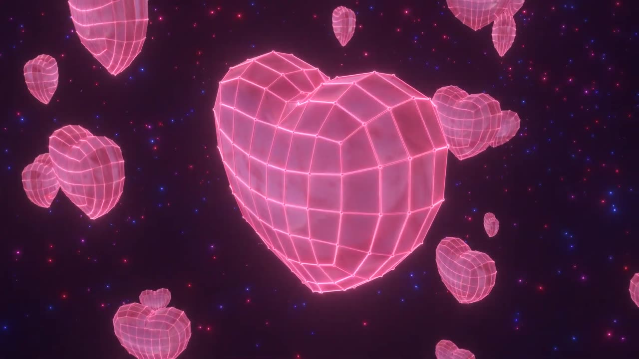 800. 3D Wireframe Polygonal Heart Beats Floating Glowing In Outer