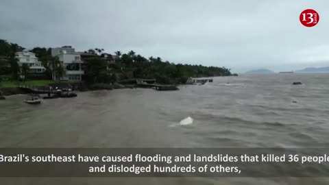 Drone video shows street destroyed by heavy rains in Brazil