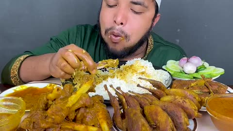 Eating Spicy Mutton Leg Curry, Crab Curry and Quail Curry With Rice Eating Show