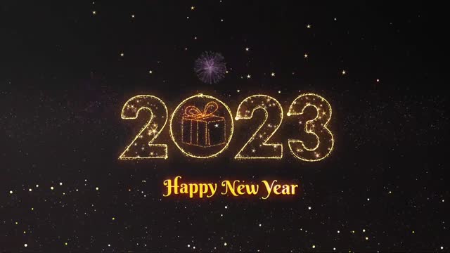 2023 New year animation on Black background - Golden 2023 Happy new year greeting