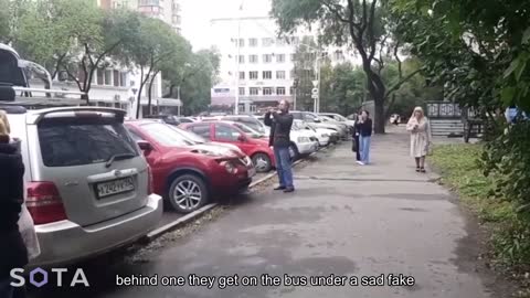 Visual symbol of Russian mobilization. Gloomy, middle-aged "mobiles" one by one sit on the bus und