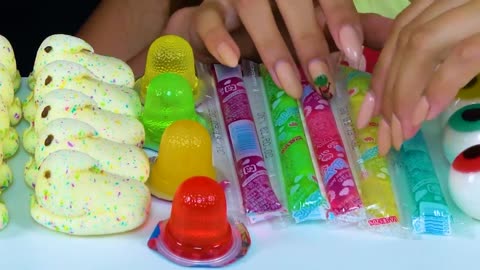 ASMR Candy Race with Closed Eyes (Gummy Eyeballs, Jelly Straws, Peeps Marshmallow)