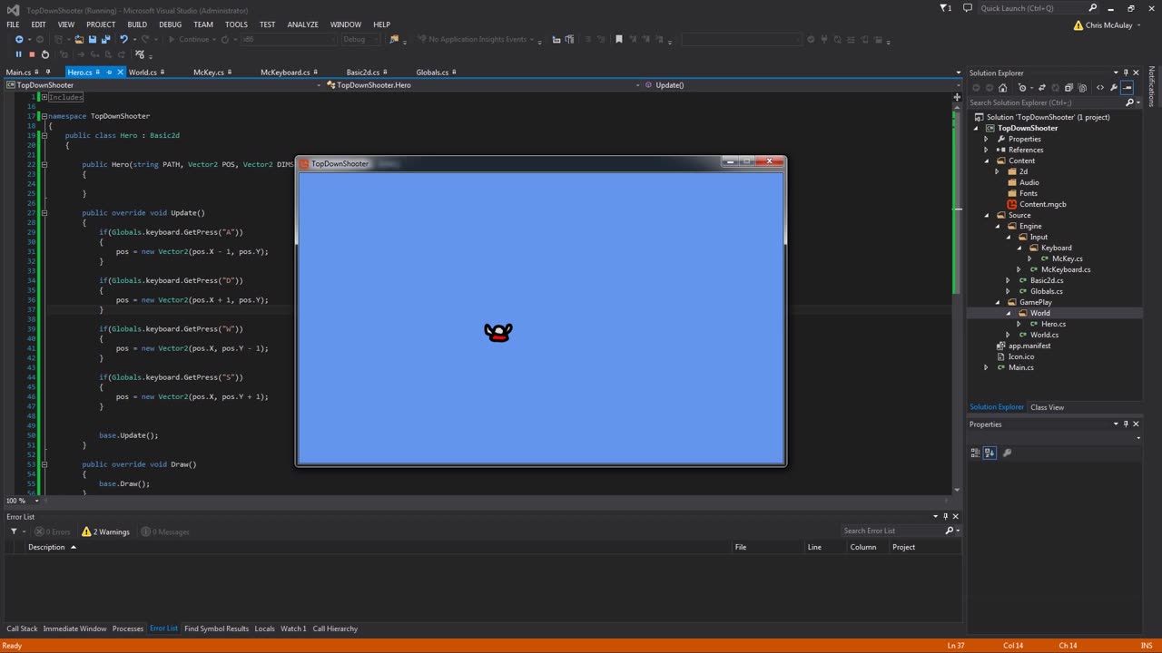 Keyboard Class and Hero Movement - game dev tutorial - Pt 2 - C# Monogame