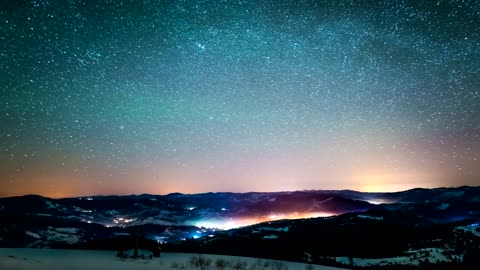 Starry sky over a village in the mountains