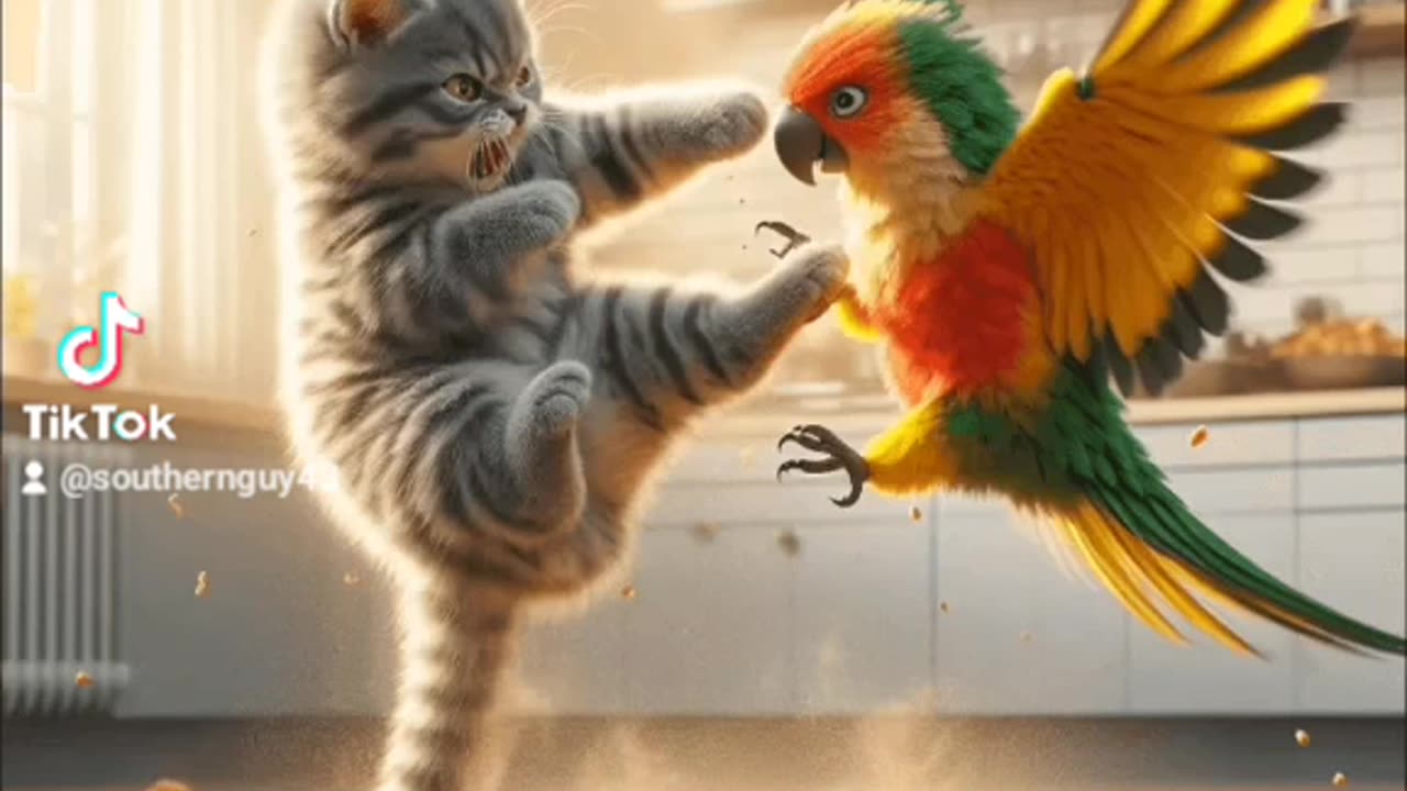 Cat and bird fighting