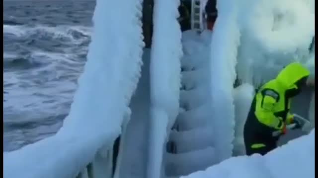 Ship Heavily Covered in Ice After Storm