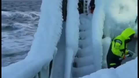 Ship Heavily Covered in Ice After Storm