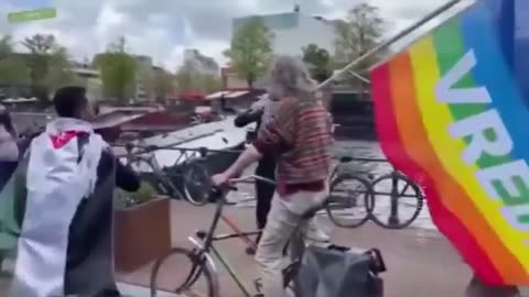 In the Netherlands, a man with an LG*T flag tried to participate in a pro-Palestinian rally