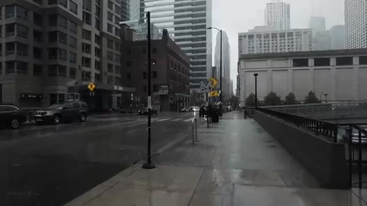 Rainy Day in Downtown Chicago, Light Thunderstorm and City Sounds