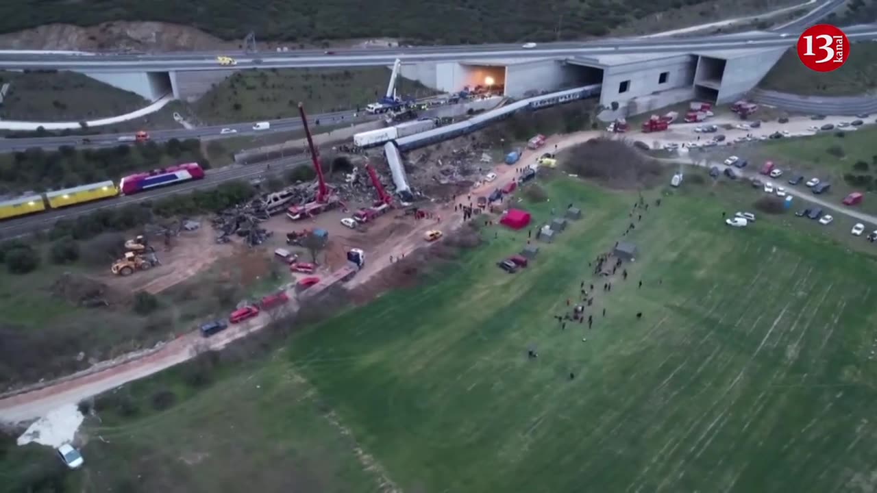 Drone views of Greece train collision site at dusk