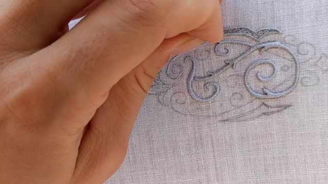 White Embroidery, stitching a line with sateen stitch