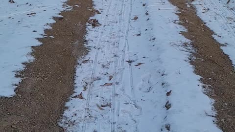 Son riding a sled in winter field