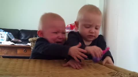 Twin baby fighting for toothbrush