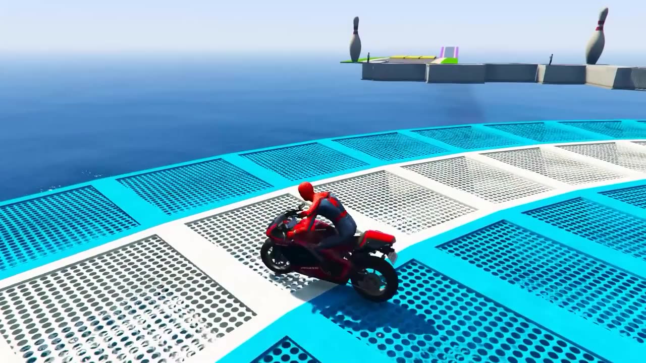 Superheroes on a motorcycle ride over the sea along the spider man Bridge GTA 5