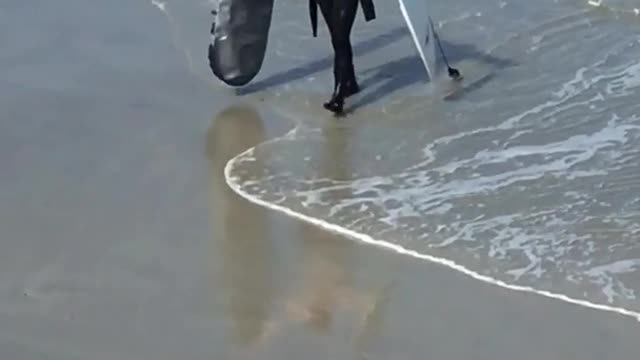 Surfer walks with his surfboard and silver surfboard cover