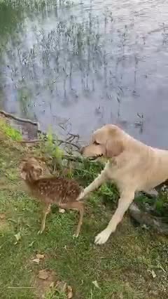 Perrito nada sin parar en el lago hasta salvar a un ciervo bebé que se ahogaba (2)