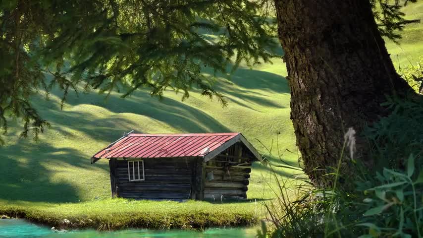 Sleeping Aid Relaxation | 4k cozy Mountain Hut Ambience | Bird and River Sounds