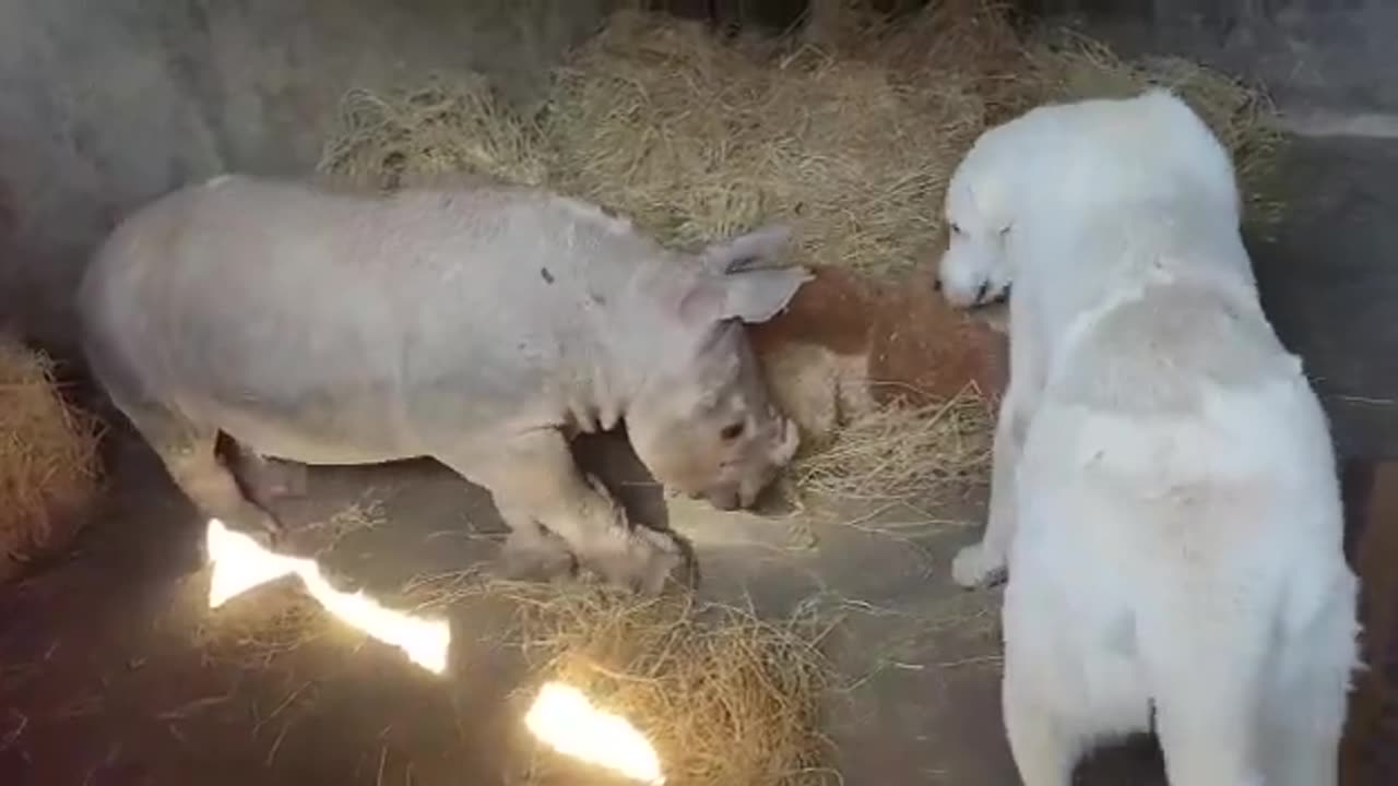 Baby rhino Thaba meets David the Anatolian Shepherd dog for the first time