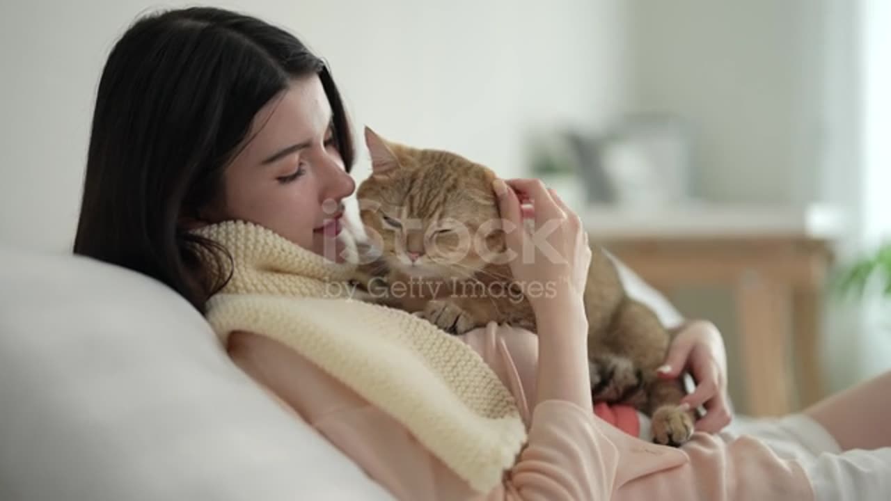Beautiful woman spends her free time on vacation playing with her cute cat at home.