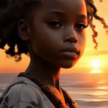 the silhouette of a cute 8 years old african girl with the sunset coast.