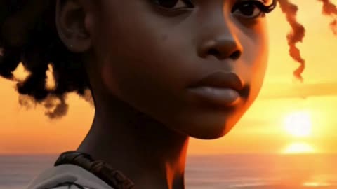the silhouette of a cute 8 years old african girl with the sunset coast.