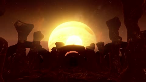 Flying over an alien planet with rock formations