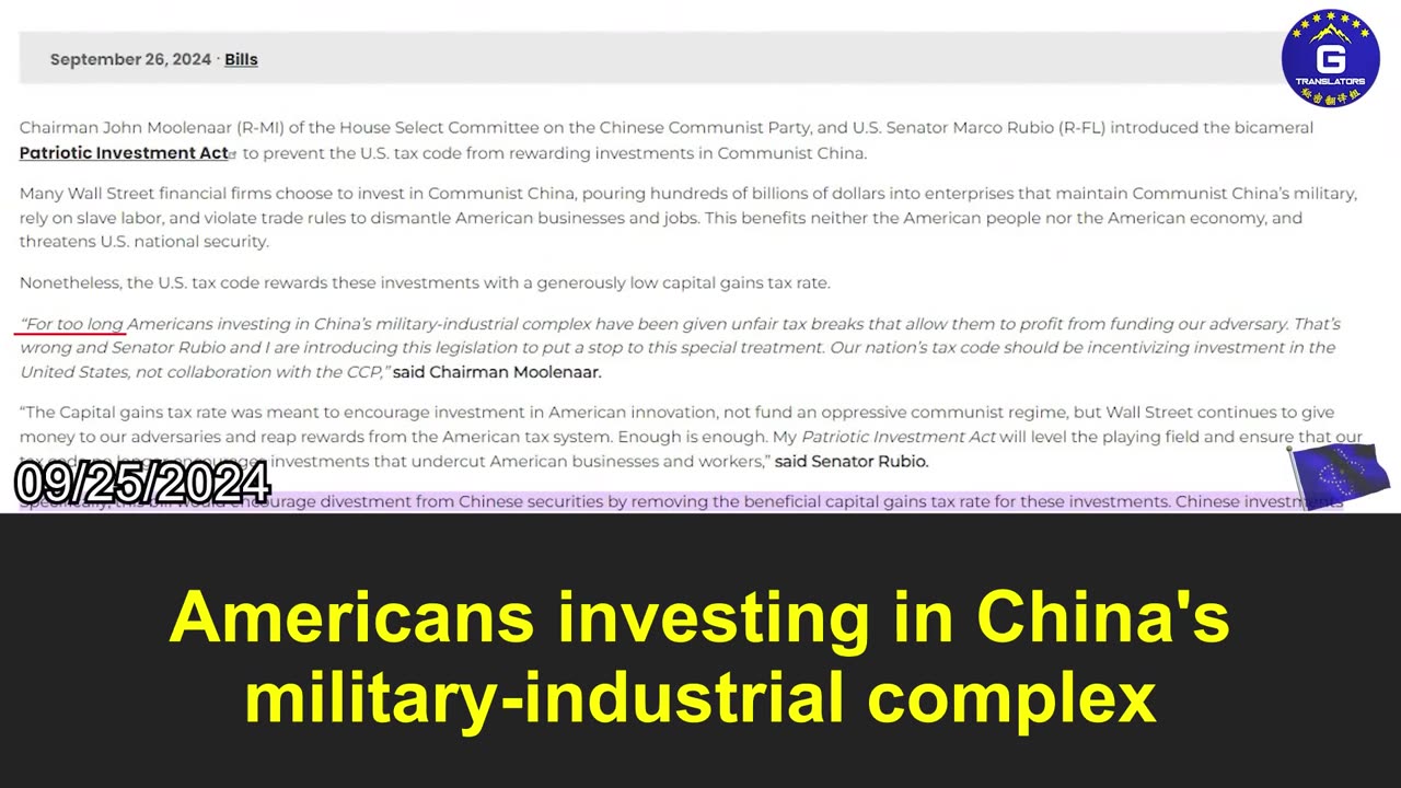 The Patriotic Investment Act: cut off financial support to Chinese military-industrial complex