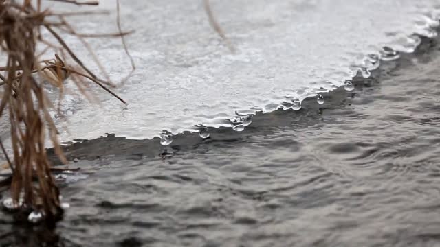 Drops Of Moving River In Ice Valley Spring