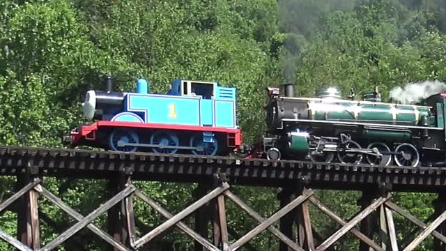 Thomas the train crossing a railway bridge in real life and scaring away birds!