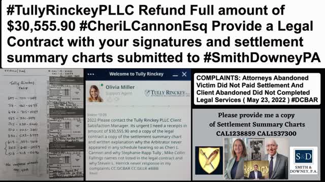 Cheri L. Cannon Esq / Abandoned Client / Client Complaints / Legal Malpractice Breach Of Contract Refund $30, 555.90 / Tully Rinckey PLLC / Lawrina / Tally / Supreme Court / DCBAR / BBB