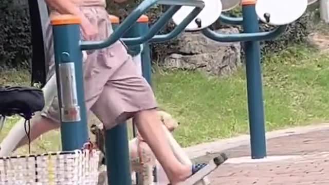 Old man cleverly exercises with his dogs.. 😊