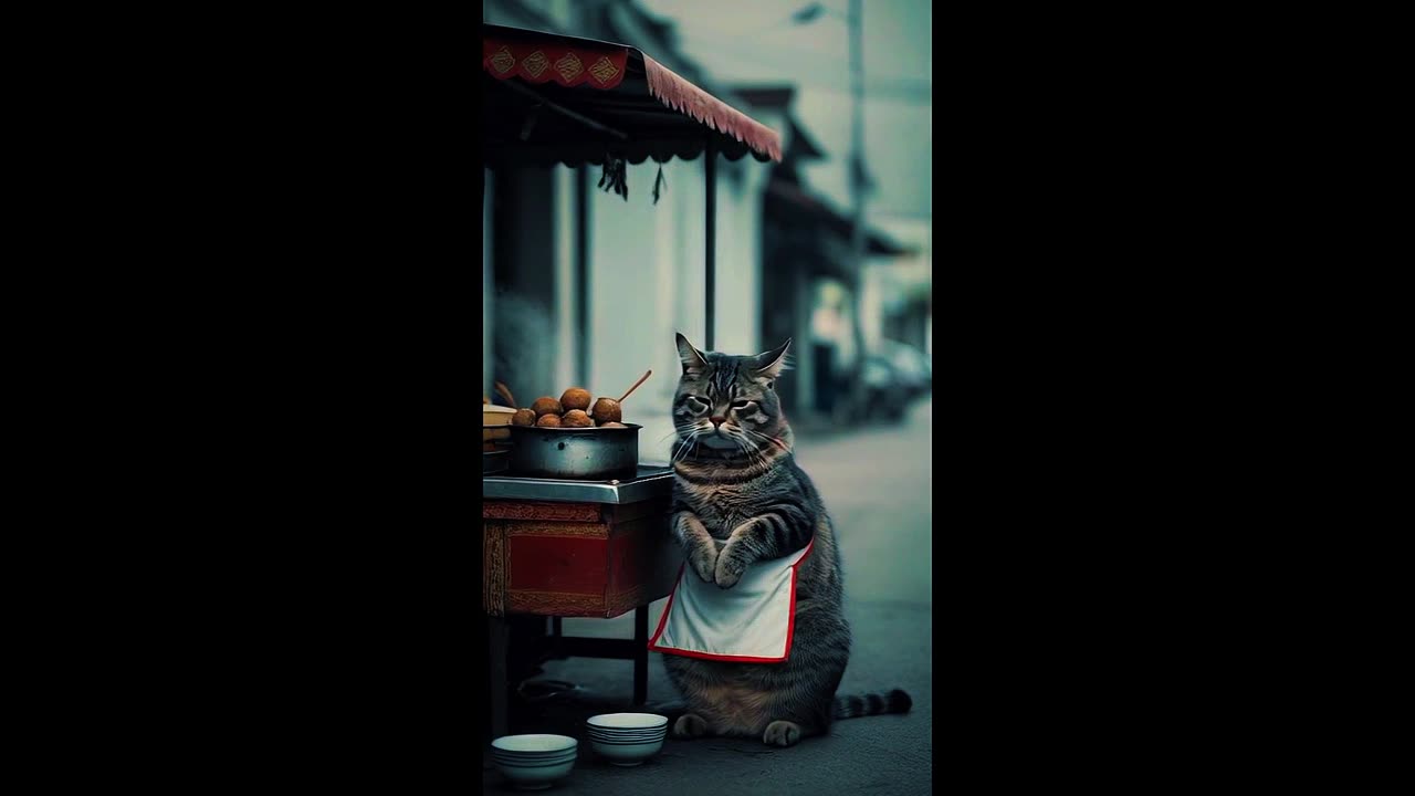 A sad and disappointed cat selling Indonesian meatball noodles