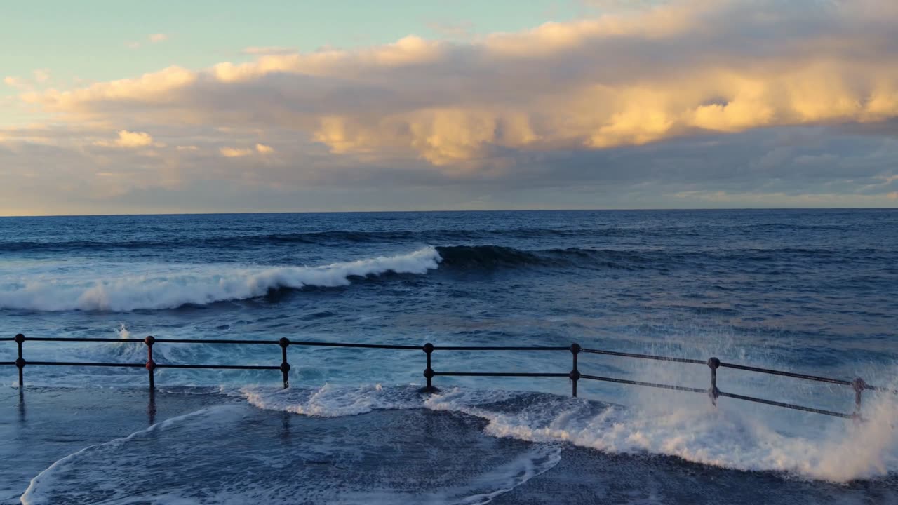 Ocean Waves Crashing During Dusk Scene