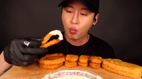 MOST POPULAR FOOD FOR ASMR + ALFREDO SAUCE (MOZZARELLA CORN DOG, NUGGETS, ONION RINGS, HASH BROWNS)
