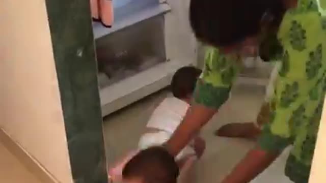 Mom shows how difficult cleaning is with naughty triplets