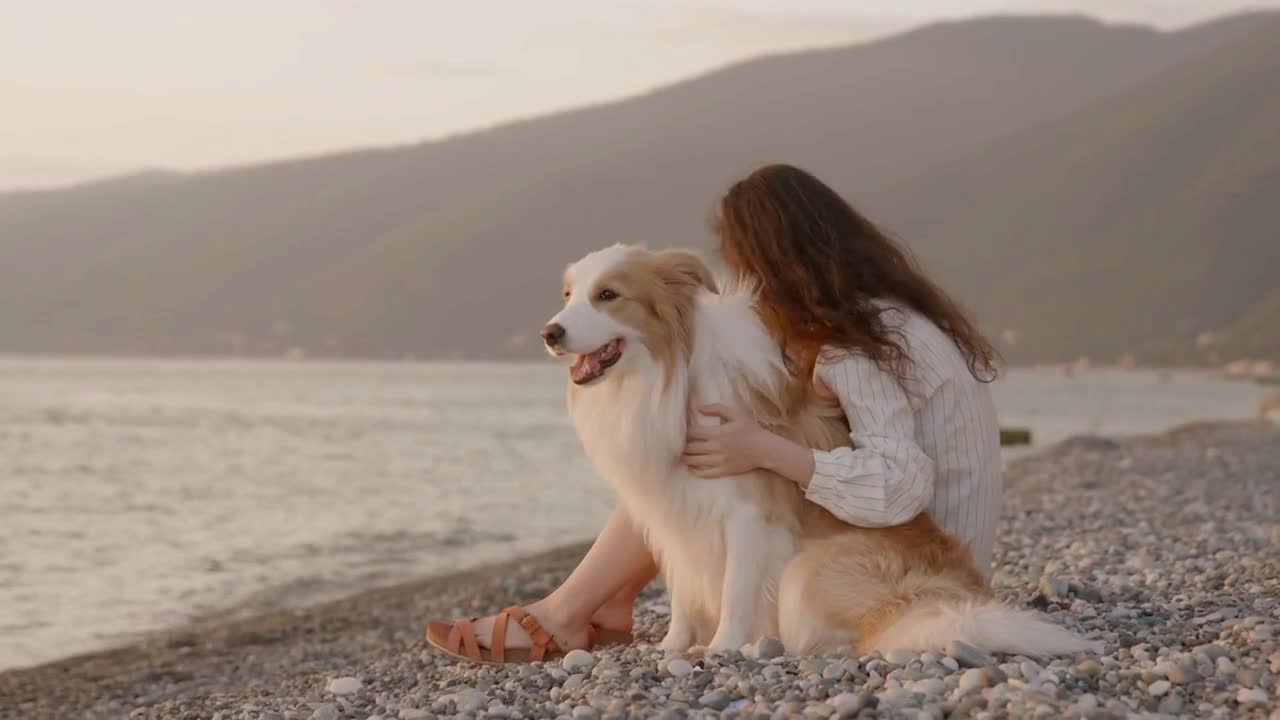 Lonely brunette woman relaxing at the beach with her dog at sunset on the background of mountain