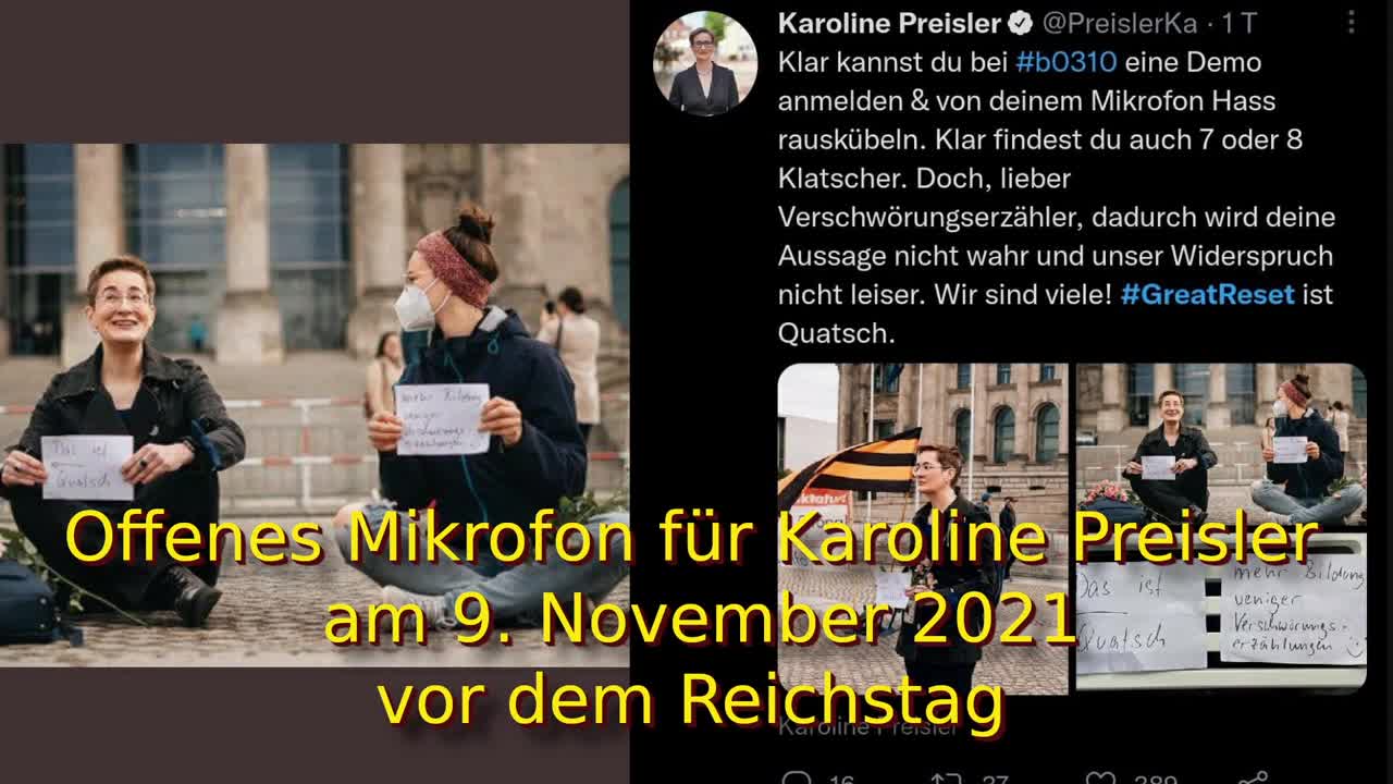 Offenes Mikrofon für Karoline Preisler von der FDP am 9. November 2021 vor dem Reichstag zu Berlin!