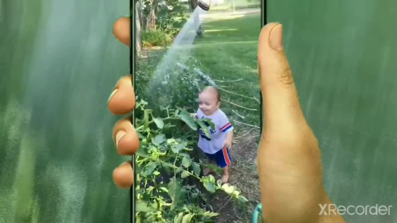 Funny babies playing water