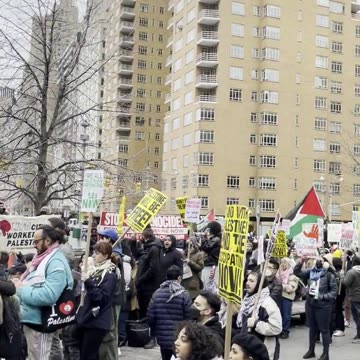 pro-Palestine and pro-Yemeni terrorist activists who have gathered in NYC's Columbus Circle.