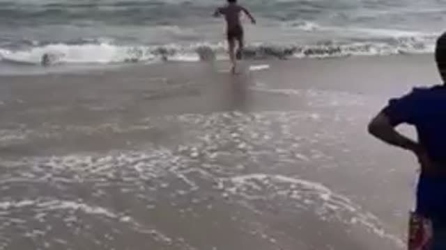 Guy running in water and jumps on surfboard and falls