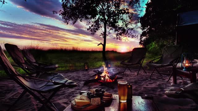 Camping Fire Firepit Chairs Table Drinks sky