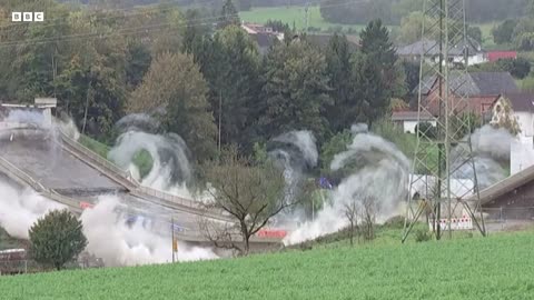 Moment bridge brought down in controlled explosion in Germany