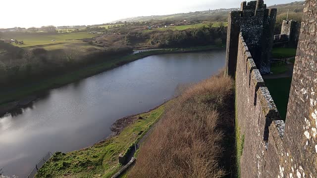 Birdseye view of the castle walls and Pembroke.Wales