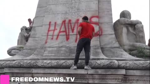 PRO-PALESTINE PROTESTERS VANDALIZE COLUMBUS FOUNTAIN