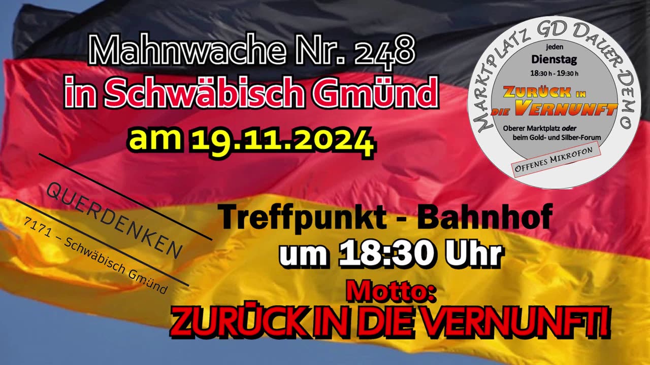 Werbung - Mahnwache Nr. 248 in Schwäbisch Gmünd am 19.11.2024 - Bahnhofsplatz 18:30Uhr